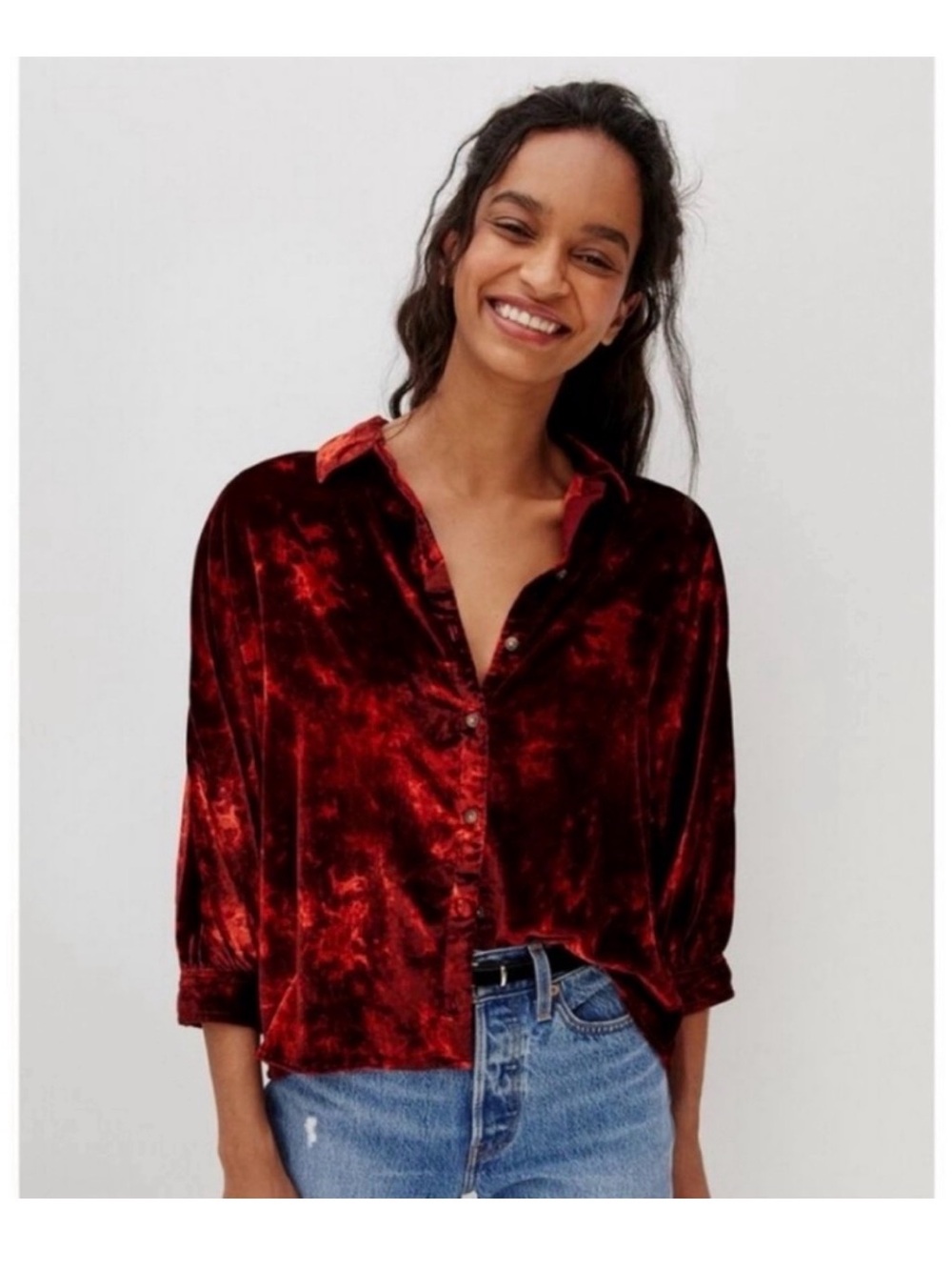 Anthropologie Pilcro Orsay Red Velvet Button Down Top in Holiday Red